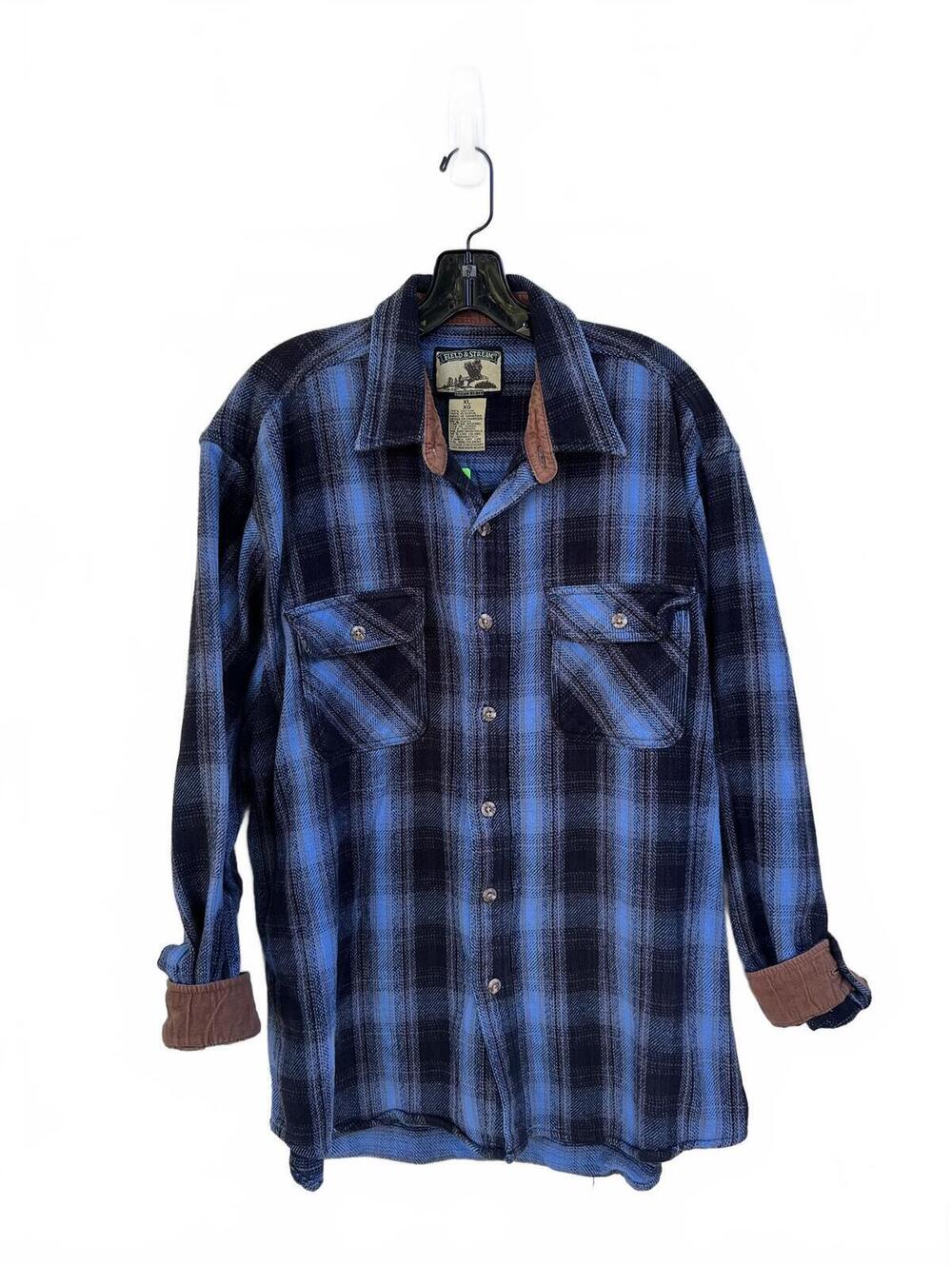 Field & Stream Blue Black Plaid Flannel Button Down Shirt XL Corduroy Collar
